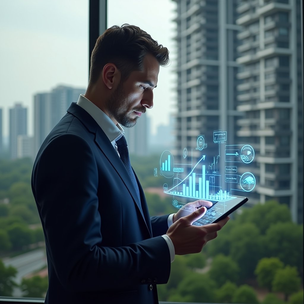 (Ultra-realistic condominium manager in a navy suit, set in a modern luxury condominium environment with high-rise buildings and green landscaping, reviewing a holographic financial dashboard projected above a tablet, holographic contract icons and downward-trending cost graphs swirling around, confident and focused expression, cinematic lighting, shallow depth of field, highly detailed textures, realistic skin, photographic realism, 8k resolution --ar 1:1 --v 6)
