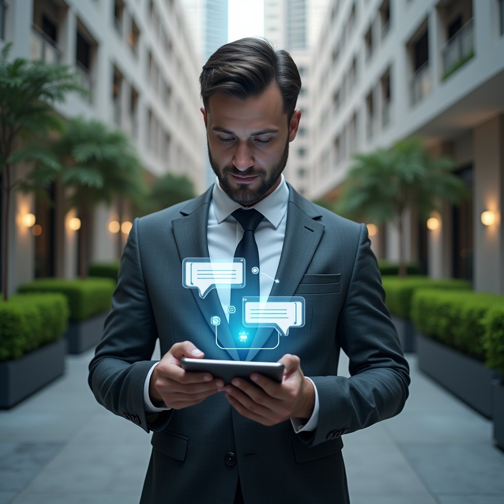 (Ultra-realistic property manager in a charcoal gray executive suit, set in a modern luxury condominium environment with high-rise buildings and manicured green landscaping, holding a tablet displaying glowing holographic chat bubbles and conflict-resolution icons, confidently reviewing digital notifications, cinematic lighting, shallow depth of field, highly detailed textures, realistic skin, photographic realism, 8k resolution --ar 1:1 --v 6)