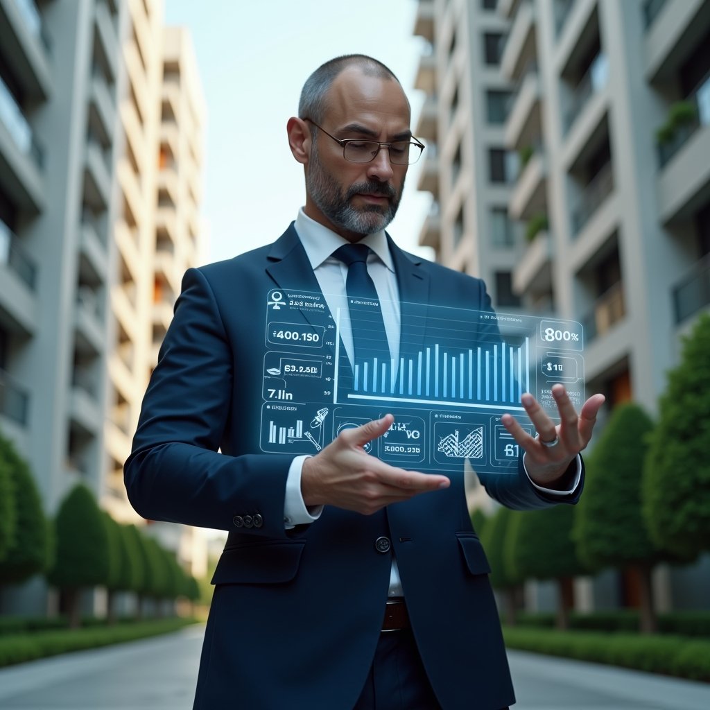 (Ultra-realistic condominium manager in a tailored navy suit, set in a modern luxury condominium environment with high-rise buildings and manicured green landscaping, confidently examining a floating holographic dashboard of maintenance and cost-reduction charts, surrounded by subtle holographic icons of cleaning, gardening and repair tools, cinematic lighting, shallow depth of field, highly detailed textures, realistic skin, photographic realism, 8k resolution --ar 1:1 --v 6)