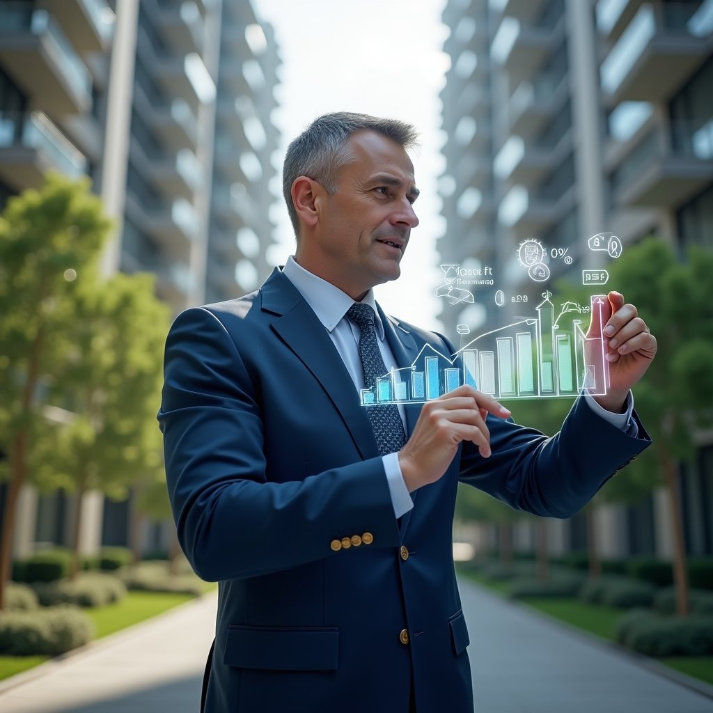 (Ultra-realistic property manager in a navy blue executive suit, set in a modern luxury condominium environment with high-rise buildings and manicured green landscaping, confidently reviewing holographic financial charts showing a 30% cost reduction, floating bar-graph and coin icons symbolizing savings, cinematic lighting, shallow depth of field, highly detailed textures, realistic skin, photographic realism, 8k resolution --ar 1:1 --v 6)
