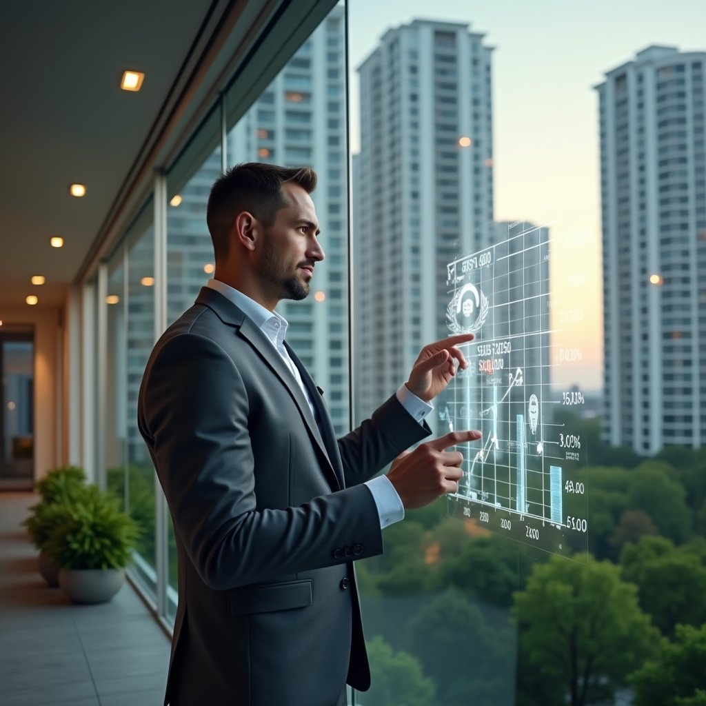 (Ultra-realistic condominium manager in a charcoal gray suit, set in a modern luxury condominium environment with high-rise buildings and lush green landscaping, medium shot of the manager reviewing a holographic financial chart showing declining interest rates and fines, hand gesturing toward floating 3D icons of bills and percentage symbols, confident and focused expression, cinematic lighting, shallow depth of field, highly detailed textures, realistic skin, photographic realism, 8k resolution --ar 1:1 --v 6)