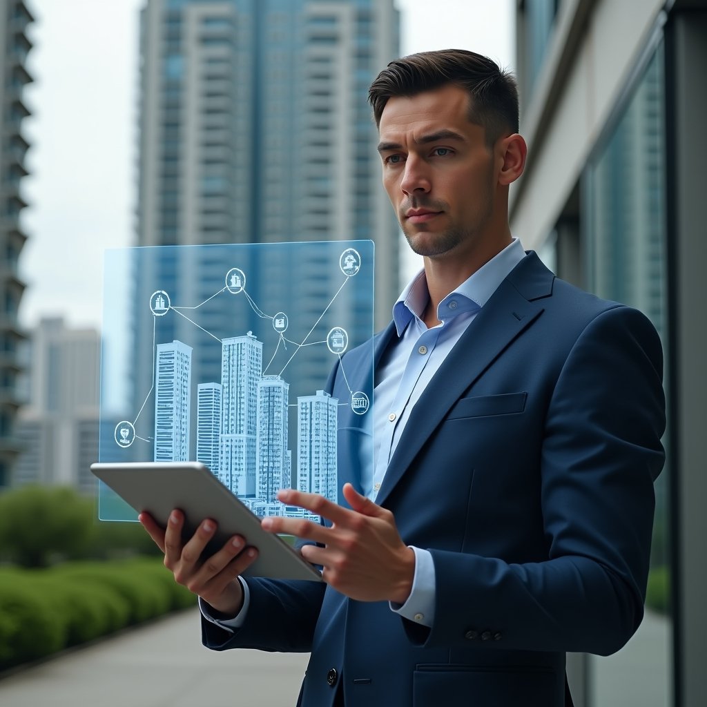 (Ultra-realistic condominium manager in a navy blue executive suit, set in a modern luxury condominium environment with high-rise buildings and manicured green landscaping, holding a tablet and gesturing to a floating holographic dashboard of a condo management app, with app icons and simplified building blueprints surrounding them, confident and focused expression, cinematic lighting, shallow depth of field, highly detailed textures, realistic skin, photographic realism, 8k resolution --ar 1:1 --v 6)