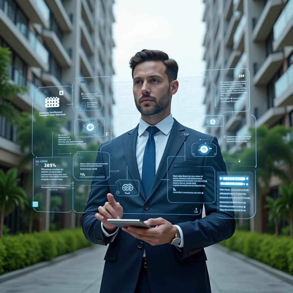 Ultra-realistic condominium manager in a navy suit, set in a modern luxury condominium environment with high-rise buildings and lush green landscaping, mid-shot analyzing a holographic dashboard of automated tasks, surrounded by floating icons of calendar reminders, chat bubbles and cost reduction symbols, cinematic lighting, shallow depth of field, highly detailed textures, realistic skin, photographic realism, 8k resolution --ar 1:1 --v 6