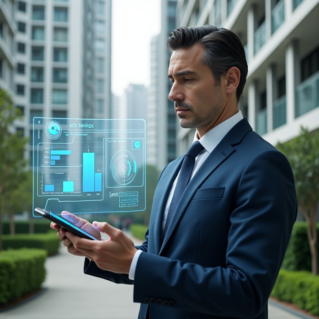 Ultra-realistic property manager in a navy executive suit, set in a modern luxury condominium environment with high-rise buildings and lush green landscaping, examining a floating holographic financial dashboard displaying cost-saving charts and graphs, holding a sleek smartphone showing an app interface, confident and focused expression, cinematic lighting, shallow depth of field, highly detailed textures, realistic skin, photographic realism, 8k resolution --ar 1:1 --v 6