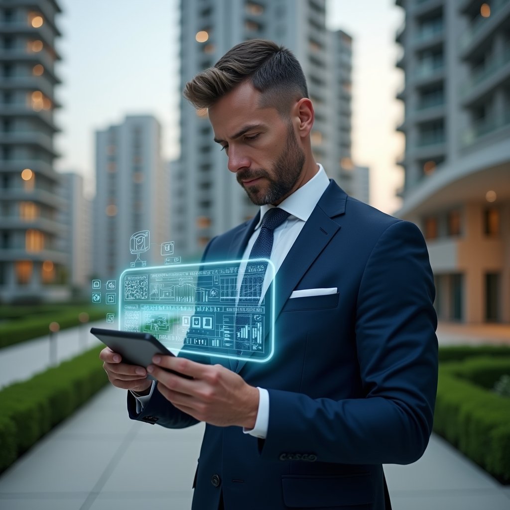Ultra-realistic property manager in a navy blue tailored suit, set in a modern luxury condominium environment with high-rise buildings and manicured green landscaping, examining a holographic interface of app icons and cost-benefit charts projected from a tablet in his hand, confident and focused expression, cinematic lighting, shallow depth of field, highly detailed textures, realistic skin, photographic realism, 8k resolution --ar 1:1 --v 6