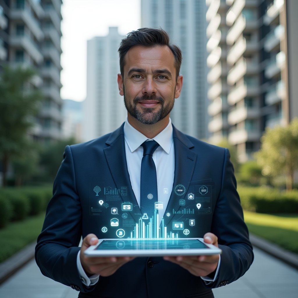 (Ultra-realistic condominium manager in a tailored navy suit, set in a modern luxury condominium environment with high-rise buildings and manicured green landscaping, holding a transparent tablet projecting floating holographic app icons and charts that represent a comparative analysis of management software, confident and focused expression, cinematic lighting, shallow depth of field, highly detailed textures, realistic skin, photographic realism, 8k resolution --ar 1:1 --v 6)
