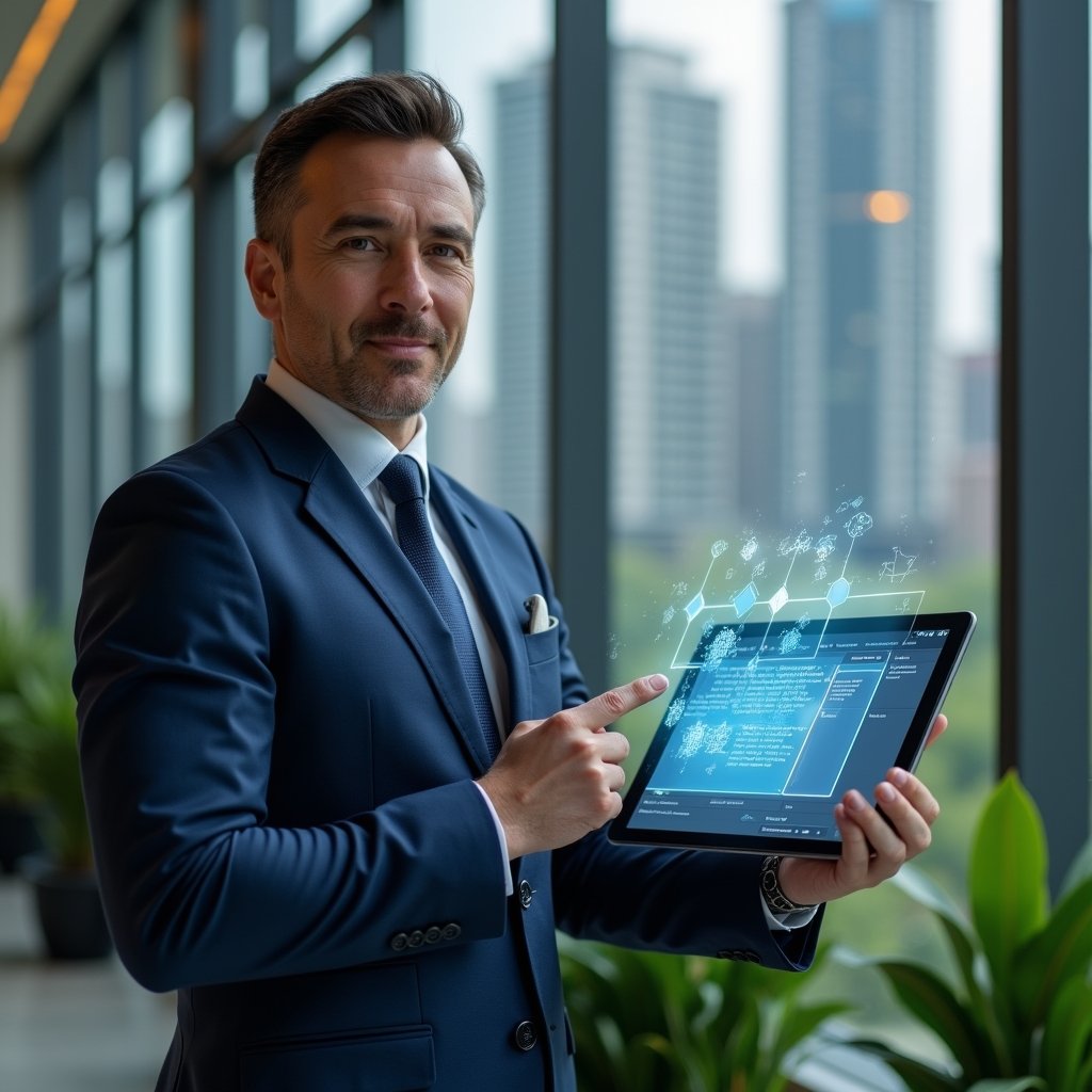 Ultra-realistic condominium manager in a navy blue tailored suit, set in a modern luxury condominium environment with high-rise buildings and green landscaping, holding a tablet displaying a holographic calendar with five highlighted steps, confidently pointing at the schedule, holographic icons representing tasks and responsibilities floating around, cinematic lighting, shallow depth of field, highly detailed textures, realistic skin, photographic realism, 8k resolution --ar 1:1 --v 6