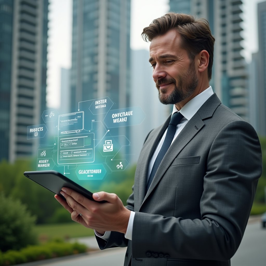 (Ultra-realistic condo manager in a charcoal gray suit, set in a modern luxury condominium environment with high-rise buildings and lush green landscaping, medium shot of a confident property manager holding a tablet projecting a holographic calendar of scheduled tasks and deadlines, icons representing maintenance, inspections and meetings floating around, cinematic lighting, shallow depth of field, highly detailed textures, realistic skin, photographic realism, 8k resolution --ar 1:1 --v 6)