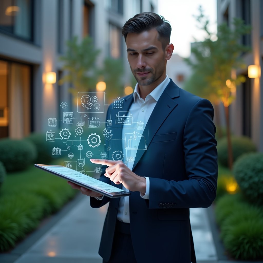 Ultra-realistic condominium manager in a navy business suit, set in a modern luxury condominium environment with high-rise buildings and manicured green landscaping, holding a digital tablet displaying a holographic timeline of maintenance tasks and assembly schedules, confidently pointing at the schedule, subtle floating icons of calendars and gears symbolizing task management, cinematic lighting, shallow depth of field, highly detailed textures, realistic skin, photographic realism, 8k resolution --ar 1:1 --v 6
