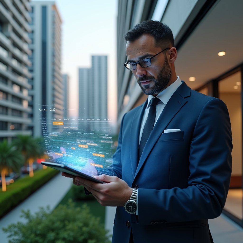 Ultra-realistic condominium manager in a navy blue executive suit, set in a modern luxury condominium environment with high-rise buildings and green landscaping, holding a digital tablet projecting a holographic schedule calendar, confidently analyzing a timeline of tasks, cinematic lighting, shallow depth of field, highly detailed textures, realistic skin, photographic realism, 8k resolution --ar 1:1 --v 6