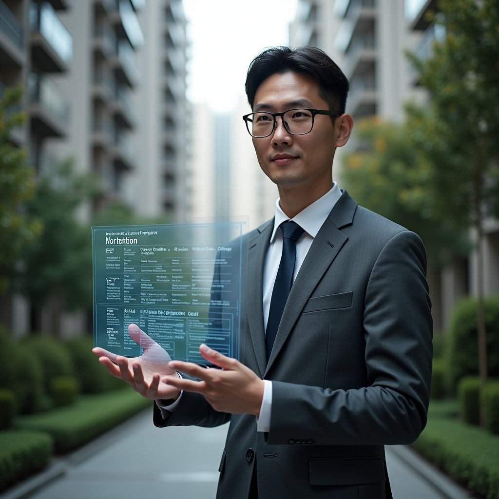 Ultra-realistic condominium manager in a charcoal gray executive suit, set in a modern luxury condominium environment with high-rise buildings and meticulously landscaped greenery, holding a transparent holographic calendar displaying monthly, quarterly, and annual tasks, confidently reviewing the schedule with a focused expression, cinematic lighting, shallow depth of field, highly detailed textures, realistic skin, photographic realism, 8k resolution --ar 1:1 --v 6