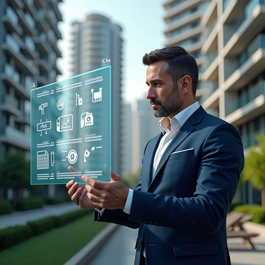 Ultra-realistic professional condominium manager in a navy blue suit, set in a modern luxury condominium environment with high-rise buildings and manicured green landscaping, examining a holographic maintenance schedule with icons of tools and calendars floating before them, confident and focused expression, cinematic lighting, shallow depth of field, highly detailed textures, realistic skin, photographic realism, 8k resolution --ar 1:1 --v 6
