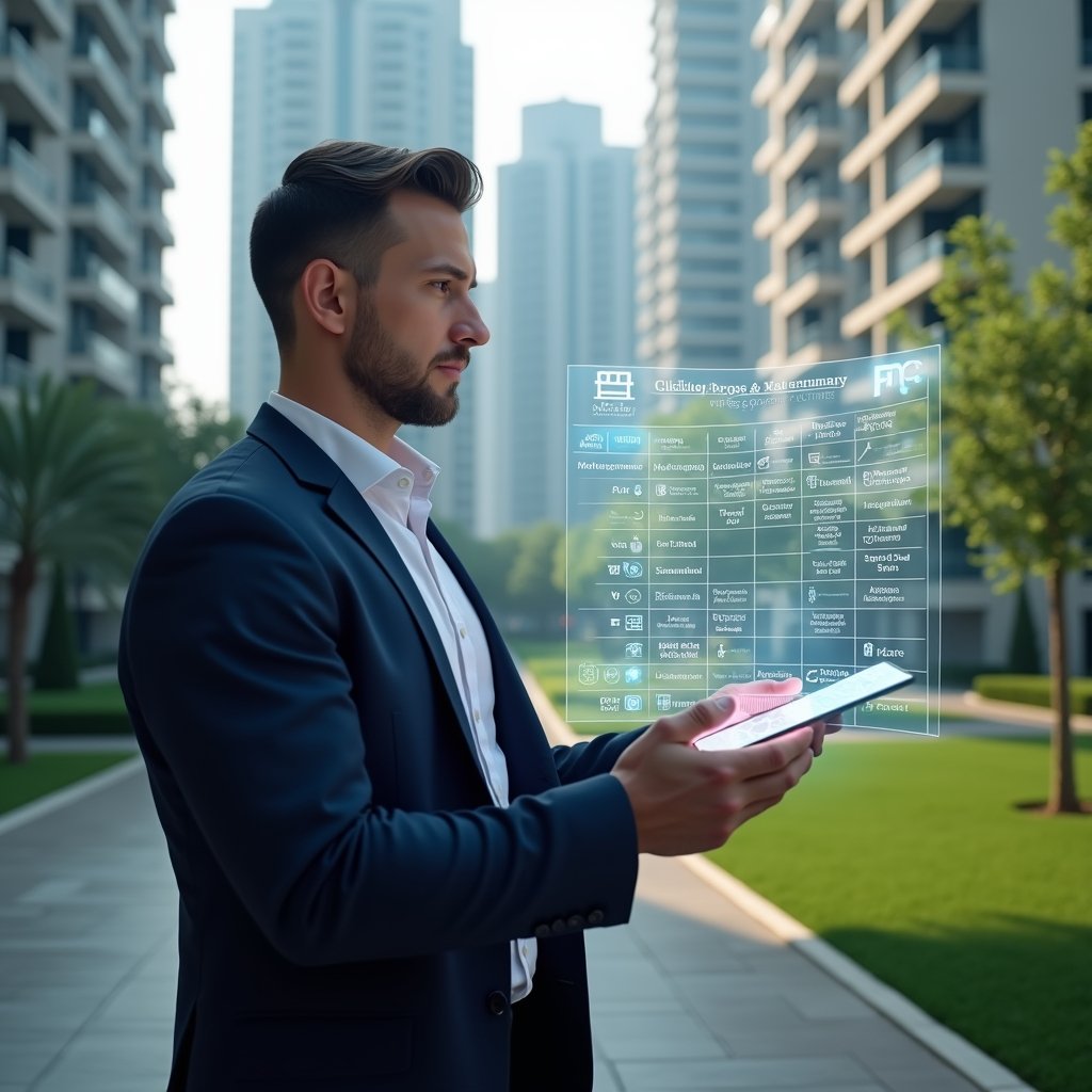 (Ultra-realistic property manager in a tailored navy suit, set in a modern luxury condominium environment with high-rise buildings and lush green landscaping, examining a floating holographic calendar of cleaning, maintenance and assembly tasks, confident and focused expression, cinematic lighting, shallow depth of field, highly detailed textures, realistic skin, photographic realism, 8k resolution --ar 1:1 --v 6)