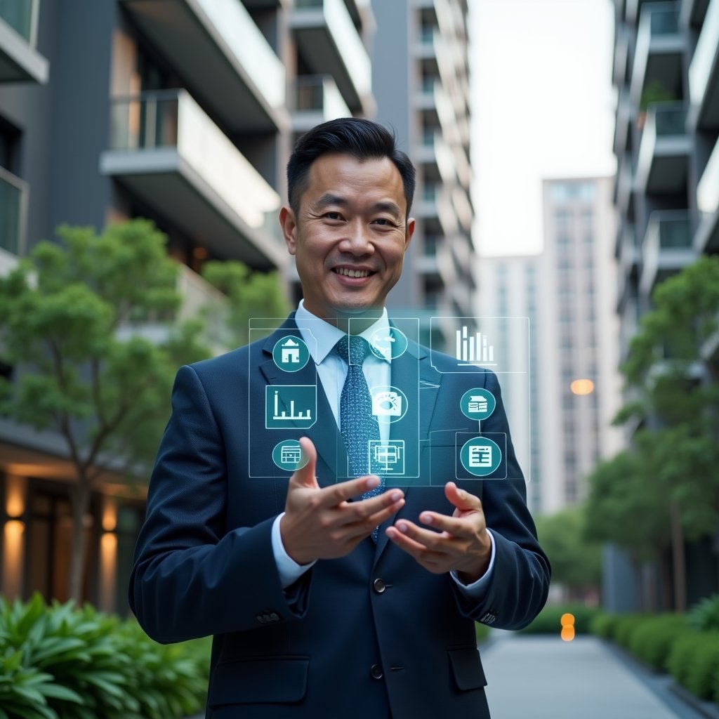 (Ultra-realistic condominium manager in a tailored navy suit, set in a modern luxury condominium environment with high-rise buildings and lush green landscaping, holding a floating holographic display of app icons and charts representing essential management functions, confidently interacting with the interface, cinematic lighting, shallow depth of field, highly detailed textures, realistic skin, photographic realism, 8k resolution --ar 1:1 --v 6)