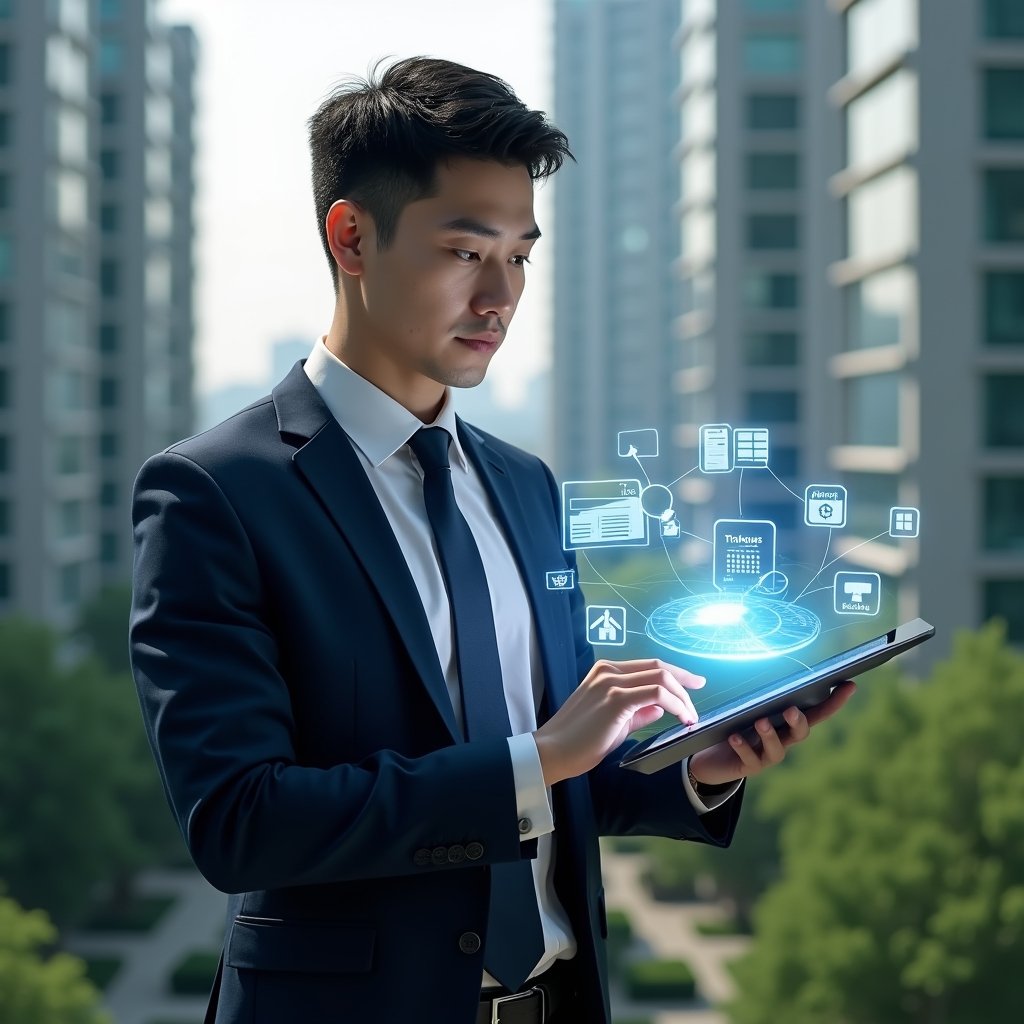 Ultra-realistic property manager in a sharp navy suit, set in a modern luxury condominium environment with high-rise buildings and lush green landscaping, holding a digital tablet projecting holographic icons of booking calendars, financial graphs, security cameras and chat bubbles, confidently analyzing the interface, cinematic lighting, shallow depth of field, highly detailed textures, realistic skin, photographic realism, 8k resolution --ar 1:1 --v 6