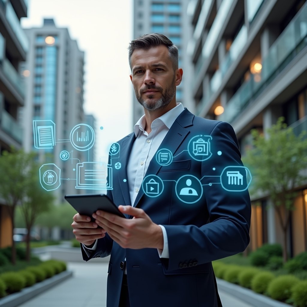 (Ultra-realistic condominium manager in a navy blue executive suit, set in a modern luxury condominium environment with high-rise buildings and pristine green landscaping, holding a tablet and interacting with holographic icons representing finance, maintenance, visitor access, communication, online voting, fines, amenities booking, document management, performance reports, and system integration, confident and focused expression, cinematic lighting, shallow depth of field, highly detailed textures, realistic skin, photographic realism, 8k resolution --ar 1:1 --v 6)