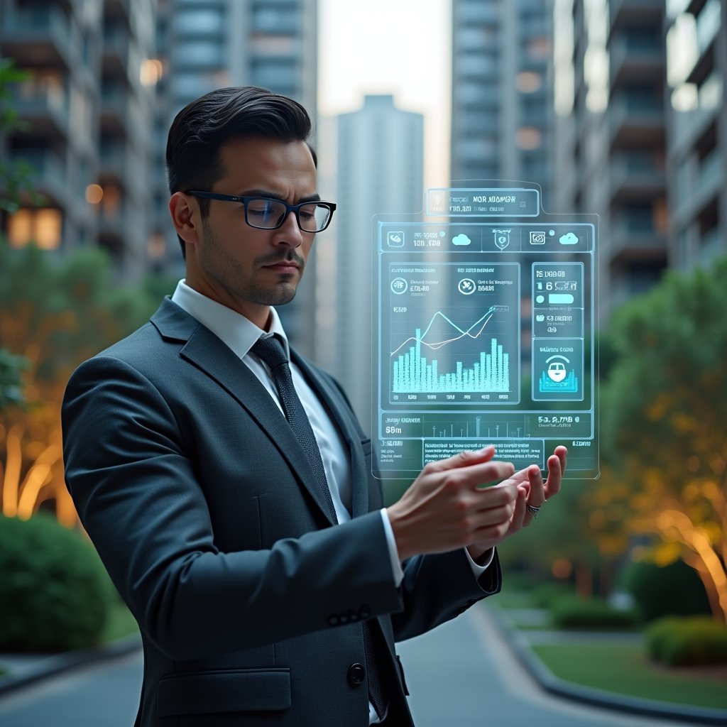 (Ultra-realistic condominium manager in a dark gray tailored suit, set in a modern luxury condominium environment with high-rise buildings and lush green landscaping, analyzing a floating holographic interface displaying financial charts, message icons, and security shield symbols, confident expression, cinematic lighting, shallow depth of field, highly detailed textures, realistic skin, photographic realism, 8k resolution --ar 1:1 --v 6)
