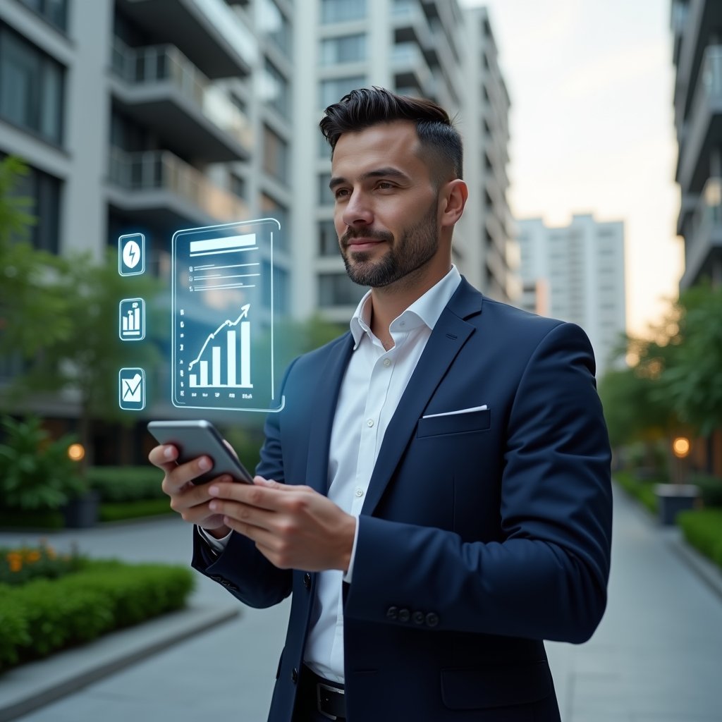 Ultra-realistic condominium manager in a navy suit, set in a modern luxury condominium environment with high-rise buildings and manicured green landscaping, holding a smartphone in one hand with floating holographic icons for messaging, online payment, and real-time charts above the screen, confident expression, cinematic lighting, shallow depth of field, highly detailed textures, realistic skin, photographic realism, 8k resolution --ar 1:1 --v 6