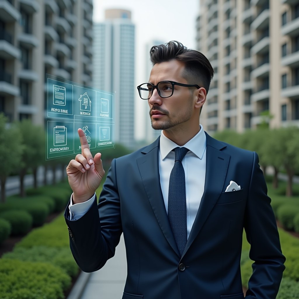 Ultra-realistic condominium manager in a navy executive suit, set in a modern luxury condominium environment with high-rise buildings and meticulously landscaped greenery, medium shot with shallow depth of field, pointing at a holographic chart that contrasts routine invoice icons versus emergency repair icons, confident and focused expression, cinematic lighting, highly detailed textures, realistic skin, photographic realism, 8k resolution --ar 1:1 --v 6