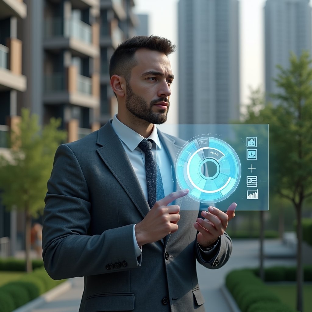 Ultra-realistic condominium manager in a charcoal gray suit, set in a modern luxury condominium environment with high-rise buildings and green landscaping, holding a holographic pie chart split into “ordinary” and “extraordinary” expense segments while pointing thoughtfully at the display, cinematic lighting, shallow depth of field, highly detailed textures, realistic skin, photographic realism, 8k resolution --ar 1:1 --v 6
