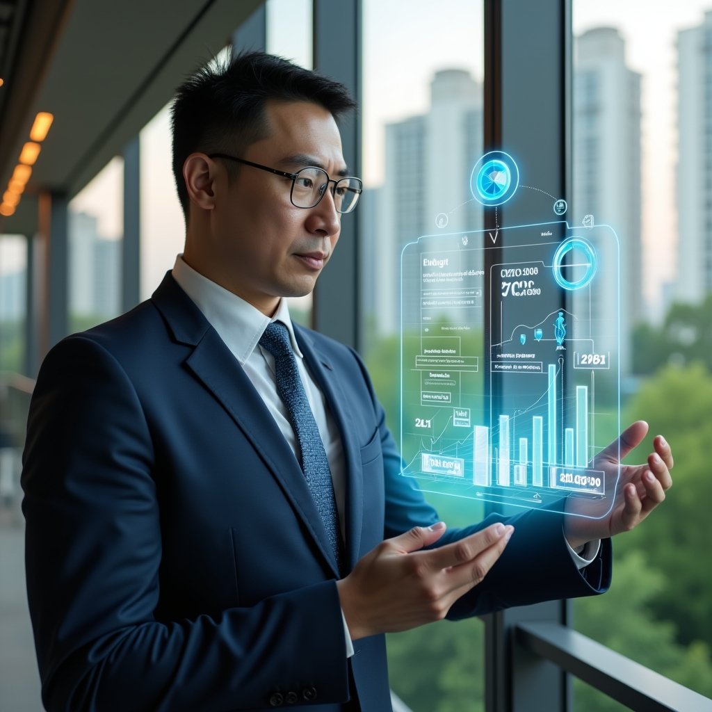 Ultra-realistic condominium manager in a tailored navy suit, set in a modern luxury condominium environment with high-rise buildings and lush green landscaping, analyzing holographic financial charts displaying budget breakdown for ordinary and extraordinary expenses, confident and focused expression, floating icons of coins and pie graphs around, cinematic lighting, shallow depth of field, highly detailed textures, realistic skin, photographic realism, 8k resolution --ar 1:1 --v 6