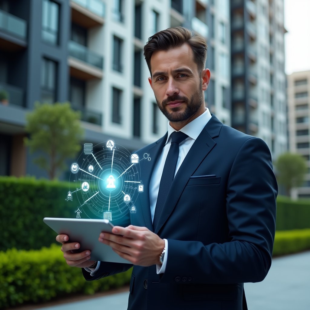 Ultra-realistic condominium manager in a navy executive suit, set in a modern luxury condominium environment with high-rise buildings and manicured green landscaping, holding a tablet displaying holographic icons of charts and connectivity symbols, confidently analyzing remote management data, cinematic lighting, shallow depth of field, highly detailed textures, realistic skin, photographic realism, 8k resolution --ar 1:1 --v 6