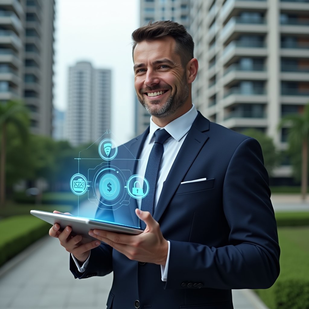 Ultra-realistic property manager in a navy blue suit, set in a modern luxury condominium environment with high-rise buildings and manicured green landscaping, holding a transparent tablet displaying holographic icons for messaging, finance and security, confident and focused expression, floating holographic chat bubble, dollar sign and shield symbols around the device, cinematic lighting, shallow depth of field, highly detailed textures, realistic skin, photographic realism, 8k resolution --ar 1:1 --v 6