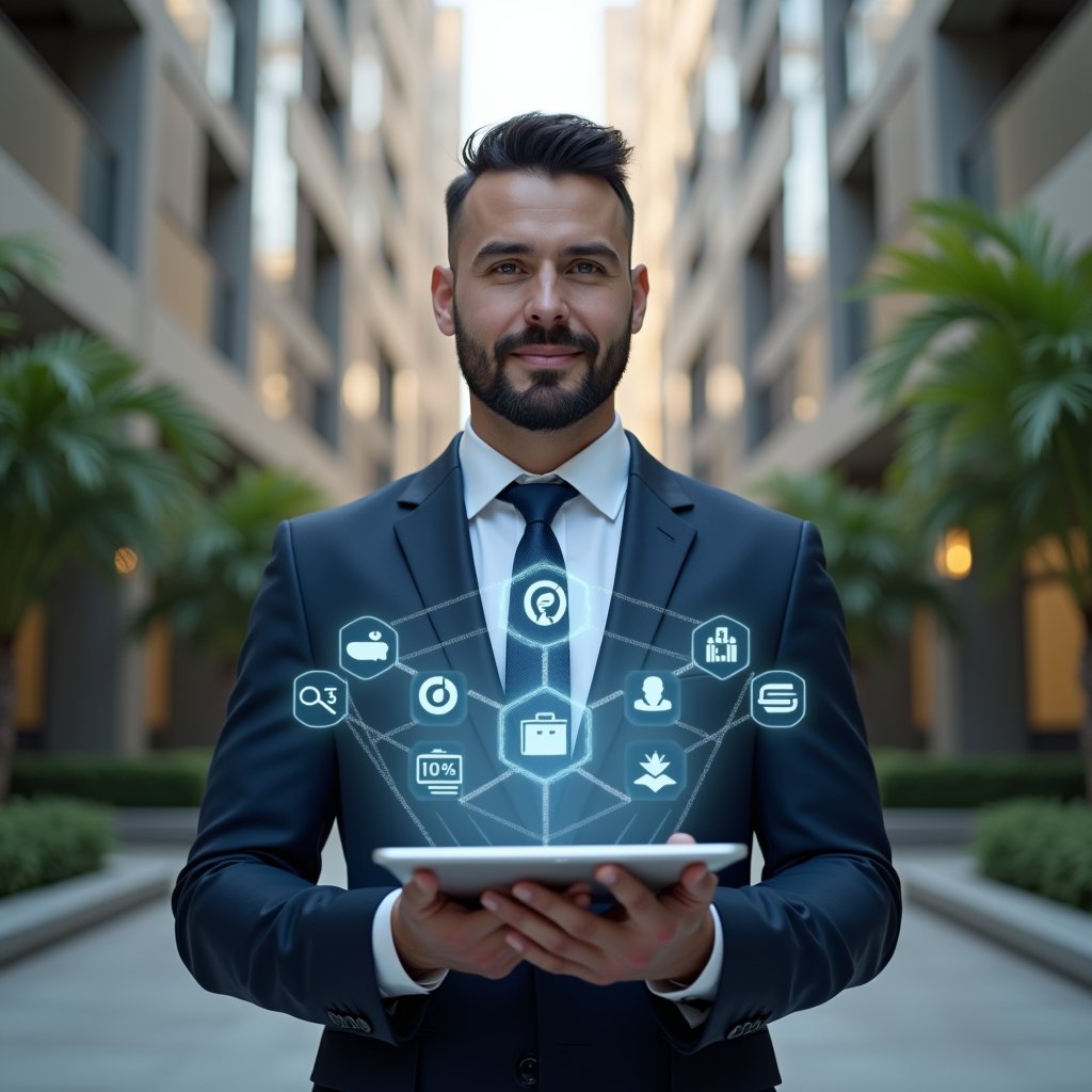 (Ultra-realistic condominium property manager in a tailored navy suit, set in a modern luxury condominium environment with high-rise buildings and manicured greenery, medium shot of a confident professional holding a transparent tablet displaying floating holographic icons for calendar, chat, finance and reservation, representing the 10 essential app features, cinematic lighting, shallow depth of field, highly detailed textures, realistic skin, photographic realism, 8k resolution --ar 1:1 --v 6)