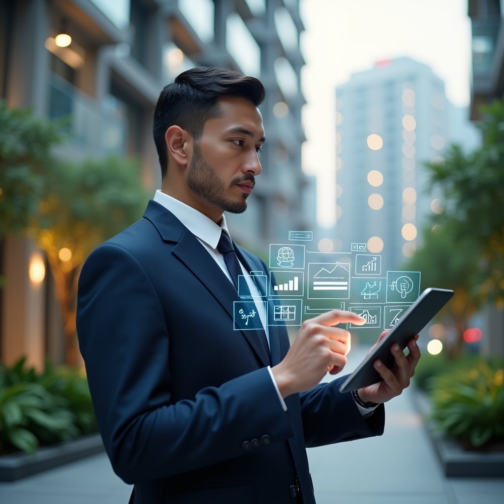 Ultra-realistic condominium manager in a navy blue suit, set in a modern luxury condominium environment with high-rise buildings and lush green landscaping, holding a tablet and tapping on a floating holographic interface displaying calendar, financial graphs and chat icons to illustrate streamlined account management and resident communication, confident and focused expression, cinematic lighting, shallow depth of field, highly detailed textures, realistic skin, photographic realism, 8k resolution --ar 1:1 --v 6