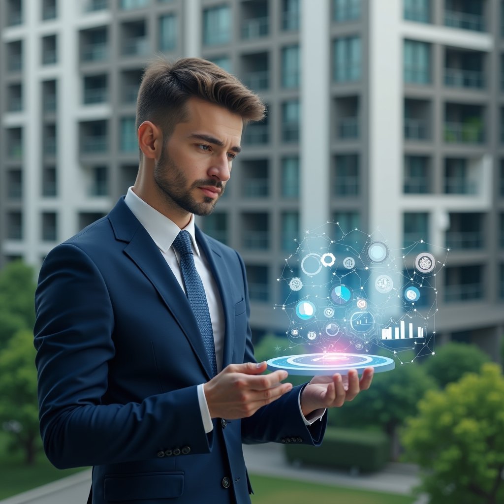(Ultra-realistic condominium manager in a navy blue suit, set in a modern luxury condominium environment with high-rise buildings and green landscaping, mid-shot focusing on the character reviewing holographic financial charts distinguishing ordinary and extraordinary expenses, floating icons of coins, pie charts and balance scales, thoughtful and confident expression, cinematic lighting, shallow depth of field, highly detailed textures, realistic skin, photographic realism, 8k resolution --ar 1:1 --v 6)