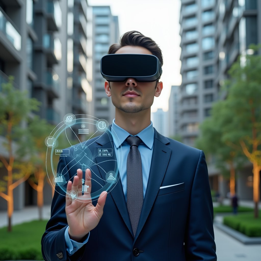 Ultra-realistic condominium manager in a navy blue executive suit, set in a modern luxury condominium environment with high-rise buildings and meticulously landscaped greenery, engaged in a confident pose as they interact with holographic icons representing communication, financial charts, and booking calendars, cinematic lighting, shallow depth of field, highly detailed textures, realistic skin, photographic realism, 8k resolution --ar 1:1 --v 6