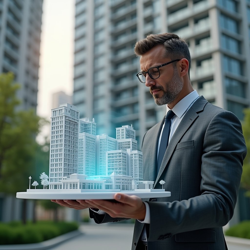 (Ultra-realistic condominium manager in a tailored gray suit, set in a modern luxury condominium environment with high-rise buildings and manicured green landscaping, analyzing a holographic building model with highlighted fractional segments and floating rate-share charts, confident and focused expression, cinematic lighting, shallow depth of field, highly detailed textures, realistic skin, photographic realism, 8k resolution --ar 1:1 --v 6)