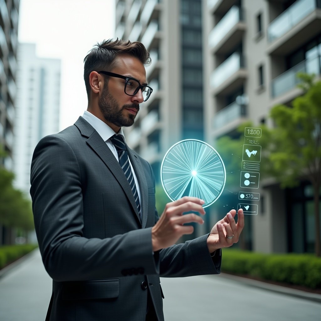(Ultra-realistic condominium manager in a charcoal gray tailored suit, set in a modern luxury condominium environment with high-rise buildings and manicured green landscaping, holding and analyzing a translucent holographic pie chart representing fraction ideal and cost distribution, attention focused and confident, holographic cost icons floating around, cinematic lighting, shallow depth of field, highly detailed textures, realistic skin, photographic realism, 8k resolution --ar 1:1 --v 6)
