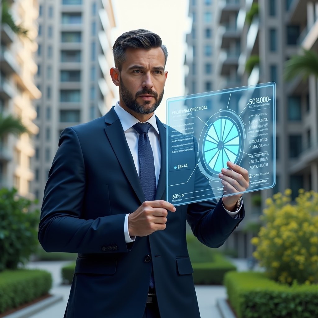 (Ultra-realistic property manager in a navy blue tailored suit, set in a modern luxury condominium environment with high-rise buildings and meticulously landscaped greenery, holding and analyzing a holographic pie chart representing fractional ownership and expense allocation, confident and focused expression, cinematic lighting, shallow depth of field, highly detailed textures, realistic skin, photographic realism, 8k resolution --ar 1:1 --v 6)
