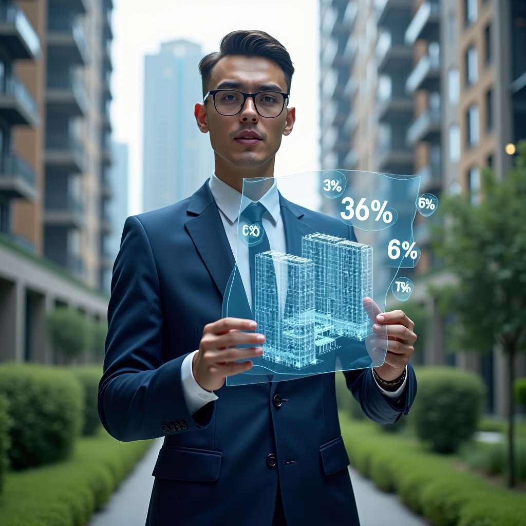 Ultra-realistic condominium manager in a navy blue tailored suit, set in a modern luxury condominium environment with high-rise buildings and lush green landscaping, holding and examining a transparent holographic blueprint of building units with percentage labels, confidently analyzing fractional calculations, floating 3D percentage icons around, cinematic lighting, shallow depth of field, highly detailed textures, realistic skin, photographic realism, 8k resolution --ar 1:1 --v 6