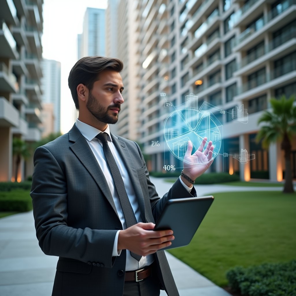 Ultra-realistic condominium manager in a charcoal gray suit, set in a modern luxury condominium environment with high-rise buildings and manicured green landscaping, holding a tablet and pointing thoughtfully at a holographic pie chart showing unit fractions, holographic percentage overlays floating above sleek building models, cinematic lighting, shallow depth of field, highly detailed textures, realistic skin, photographic realism, 8k resolution --ar 1:1 --v 6