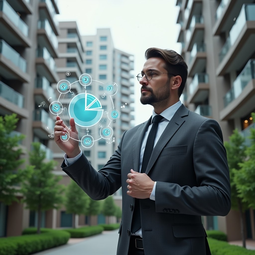 Ultra-realistic condominium manager in a dark gray tailored suit, set in a modern luxury condominium environment with high-rise buildings and manicured green landscaping, examining a floating holographic pie chart and fractional values, confident and focused expression, subtle icons of building floor plans surrounding them, cinematic lighting, shallow depth of field, highly detailed textures, realistic skin, photographic realism, 8k resolution --ar 1:1 --v 6