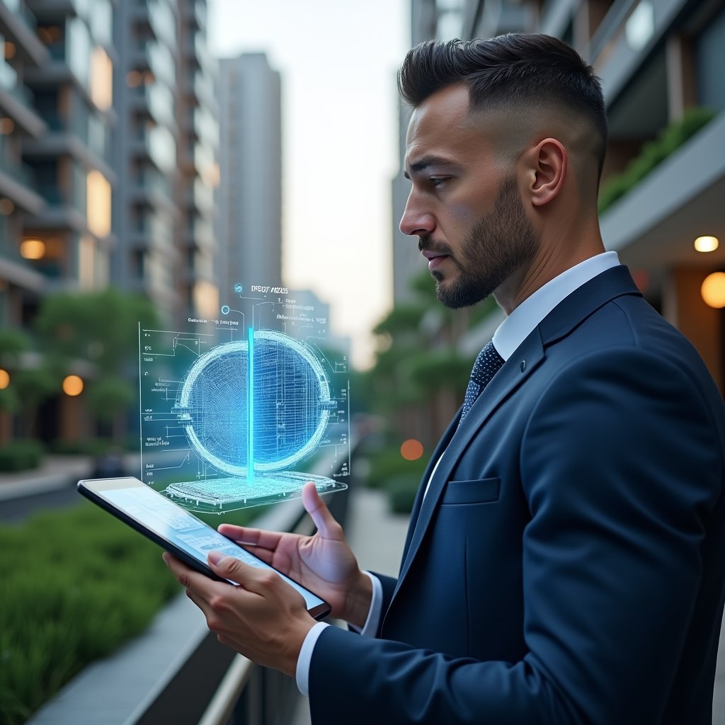 (Ultra-realistic condominium manager in a navy blue smart suit, set in a modern luxury condominium environment with high-rise buildings and green landscaping, holding a tablet displaying a holographic pie chart of unit shares, analyzing fractions ideal values with a focused, confident expression, floating 3D building model dissected into color-coded segments, cinematic lighting, shallow depth of field, highly detailed textures, realistic skin, photographic realism, 8k resolution --ar 1:1 --v 6)