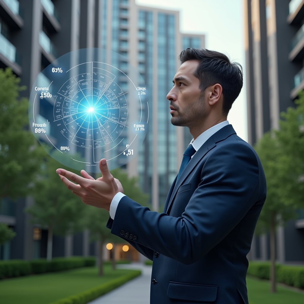 (Ultra-realistic condominium manager in a tailored dark blue suit, set in a modern luxury condominium environment with high-rise buildings and manicured green landscaping, examining a floating holographic pie chart of unit fractions and expense allocations with a thoughtful expression, semi-transparent percentage icons orbiting the chart, cinematic lighting, shallow depth of field, highly detailed textures, realistic skin, photographic realism, 8k resolution --ar 1:1 --v 6)