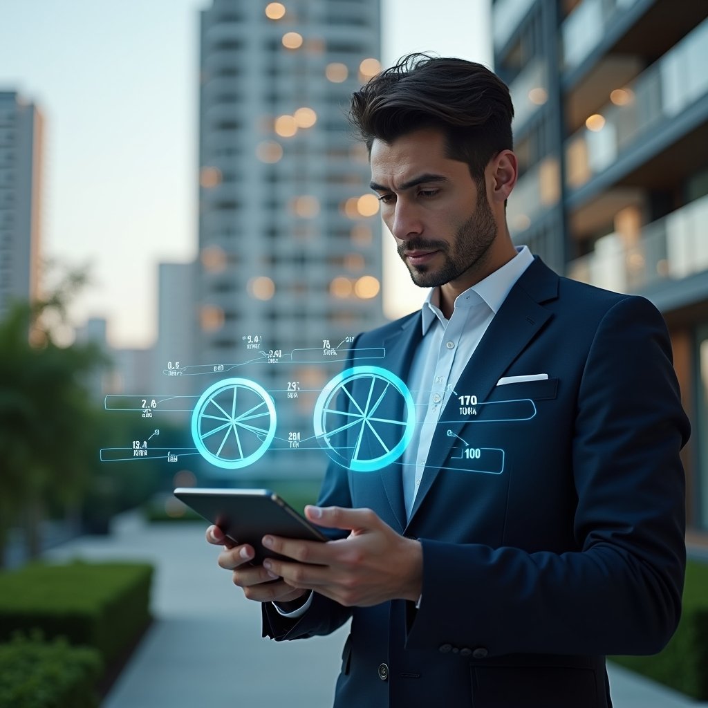 Ultra-realistic property manager in a navy suit, set in a modern luxury condominium environment with high-rise buildings and manicured green landscaping, analyzing a holographic pie chart of ideal fractions projected from a tablet, confident and thoughtful expression, floating fractional numbers and icons representing financial ratios, cinematic lighting, shallow depth of field, highly detailed textures, realistic skin, photographic realism, 8k resolution --ar 1:1 --v 6