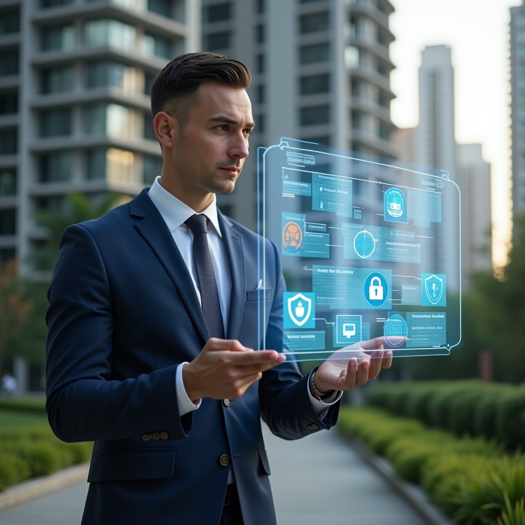 (Ultra-realistic condominium manager in a tailored navy suit, set in a modern luxury condominium environment with high-rise buildings and manicured green landscaping, examining a floating holographic interface displaying calendar reservations, financial charts, chat bubbles, security shields, and maintenance icons, confident and focused expression, cinematic lighting, shallow depth of field, highly detailed textures, realistic skin, photographic realism, 8k resolution --ar 1:1 --v 6)
