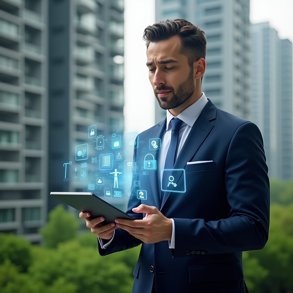 Ultra-realistic condominium manager in a navy tailored suit, set in a modern luxury condominium environment with high-rise buildings and lush green landscaping, holding a tablet computer displaying holographic icons for finance, communication, security and maintenance modules, confident and focused expression, UI elements floating around symbolizing app features, cinematic lighting, shallow depth of field, highly detailed textures, realistic skin, photographic realism, 8k resolution --ar 1:1 --v 6