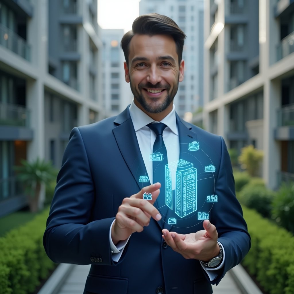 (Ultra-realistic condominium manager in a navy blue suit, set in a modern luxury condominium environment with high-rise buildings and green landscaping, mid-shot close-up of a confident professional interacting with a floating holographic interface displaying building, financial and maintenance icons symbolizing a condominium management app, cinematic lighting, shallow depth of field, highly detailed textures, realistic skin, photographic realism, 8k resolution --ar 1:1 --v 6)