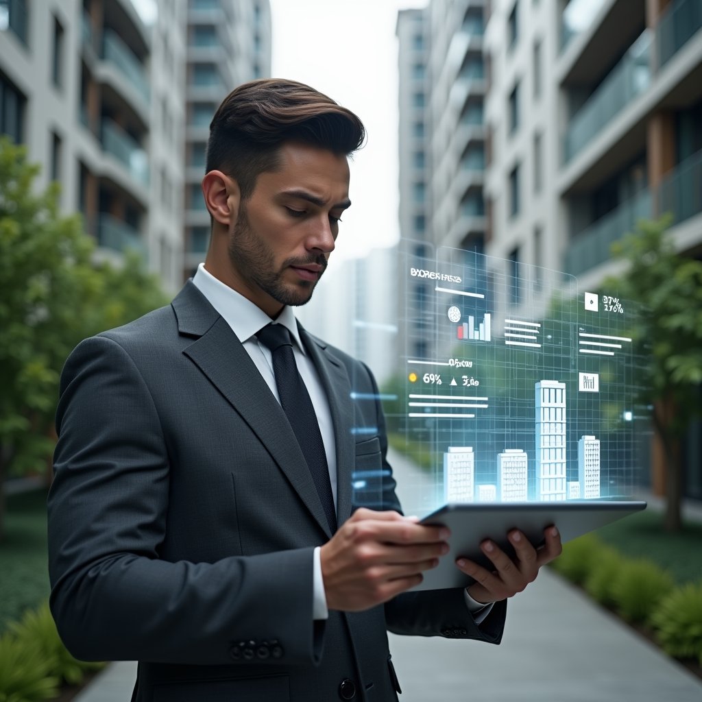 Ultra-realistic condominium manager in a charcoal gray modern suit, set in a modern luxury condominium environment with high-rise buildings and meticulously landscaped gardens, examining a floating holographic expense chart and holding a tablet displaying categorized expense reports, holographic icons of coins and building silhouettes swirling around, confident and focused expression, cinematic lighting, shallow depth of field, highly detailed textures, realistic skin, photographic realism, 8k resolution --ar 1:1 --v 6