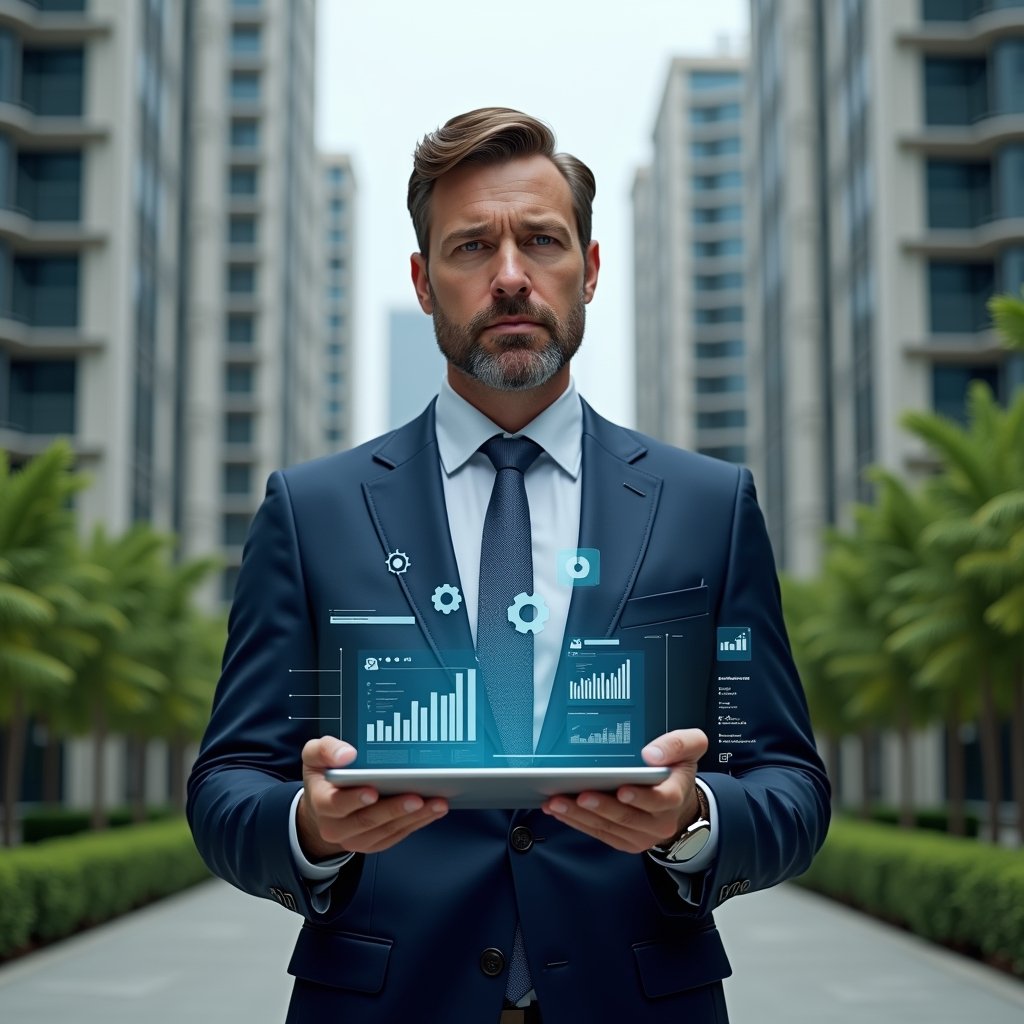 (Ultra-realistic condominium manager in a tailored navy suit, set in a modern luxury condominium environment with high-rise buildings and manicured green landscaping, holding a transparent holographic display of financial charts and maintenance checklists, surrounded by floating icons of gears, calendar and chat bubbles, confident and focused expression, cinematic lighting, shallow depth of field, highly detailed textures, realistic skin, photographic realism, 8k resolution --ar 1:1 --v 6)