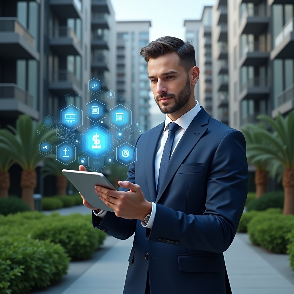 Ultra-realistic condominium manager in a navy blue executive suit, set in a modern luxury condominium environment with high-rise buildings and manicured green landscaping, confidently holding a tablet displaying a holographic condominium management app interface surrounded by floating icons for finance, communication, and maintenance, cinematic lighting, shallow depth of field, highly detailed textures, realistic skin, photographic realism, 8k resolution --ar 1:1 --v 6