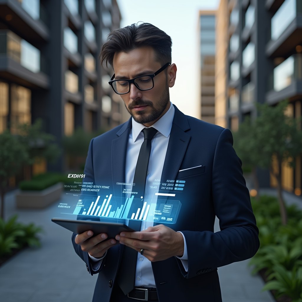 (Ultra-realistic condominium manager in a tailored navy suit, set in a modern luxury condominium environment with high-rise buildings and manicured gardens, reviewing financial documents on a digital tablet with holographic expense charts showing ordinary and extraordinary costs, confident and focused expression, cinematic lighting, shallow depth of field, highly detailed textures, realistic skin, photographic realism, 8k resolution --ar 1:1 --v 6)