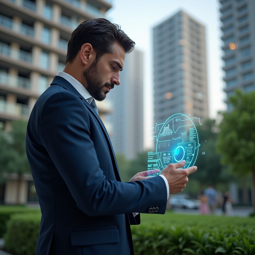 Ultra-realistic condominium manager in a navy blue tailored suit, set in a modern luxury condominium environment with high-rise buildings and manicured green landscaping, mid shot of a thoughtful professional reviewing a holographic pie-chart overlay of unit fractions and financial data, cinematic lighting, shallow depth of field, highly detailed textures, realistic skin, photographic realism, 8k resolution --ar 1:1 --v 6