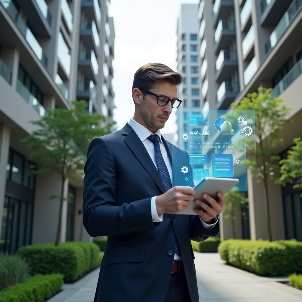 Ultra-realistic condominium manager in a tailored navy suit, set in a modern luxury condominium environment with high-rise buildings and manicured green landscaping, confidently reviewing a floating holographic dashboard of maintenance schedules and financial reports, digital tablet in hand, subtle iconography of building and gears overlayed, cinematic lighting, shallow depth of field, highly detailed textures, realistic skin, photographic realism, 8k resolution --ar 1:1 --v 6