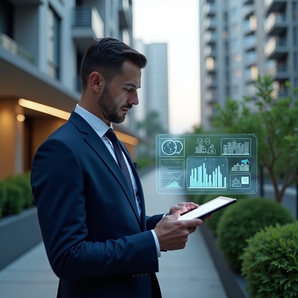 Ultra-realistic condominium manager in a navy blue suit, set in a modern luxury condominium environment with high-rise buildings and lush green landscaping, holding a tablet displaying a holographic management dashboard with building icons, financial charts and communication symbols, confidently reviewing data, cinematic lighting, shallow depth of field, highly detailed textures, realistic skin, photographic realism, 8k resolution --ar 1:1 --v 6